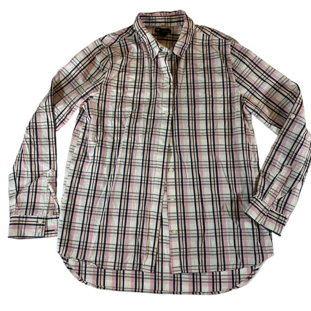 Gap EUC Boyfriend fit baby pink plaid button down cotton shirt XS